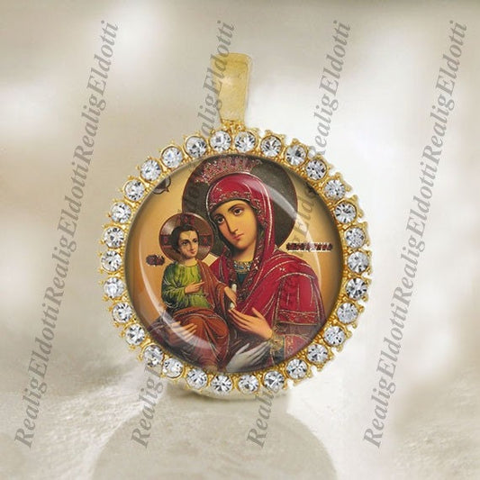 Troeruchitsa Of Three Hands Virgin Mother Mary Christian Orthodox Gold Tone Medal Pendant Jewelry Cabochon