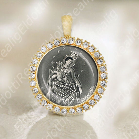 Our Lady Pompeii Catholic Medal. Virgin Mary Pendant.  Our Lady of Rosary Jewelry Black and White.