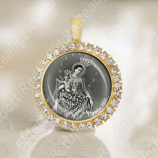 Our Lady Pompeii Catholic Medal. Virgin Mary Pendant.  Our Lady of Rosary Jewelry Black and White.