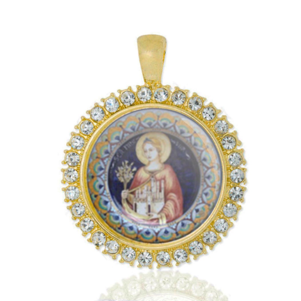 St. Seraphina Religious Catholic Patron Gold Tone Medal Pendant with Rhinestones