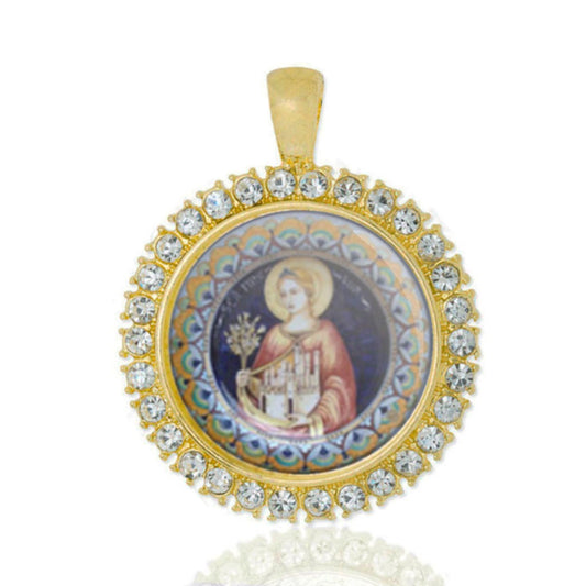 St. Seraphina Religious Catholic Patron Gold Tone Medal Pendant with Rhinestones