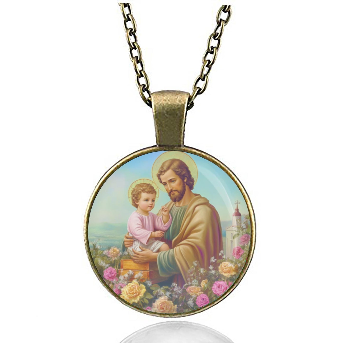 St Joseph w Baby Jesus Necklace Medal Religious Pendant
