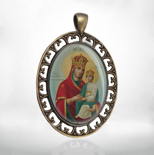 Icon Mother of God Surety of Sinners Theotokos Virgin Mary Pendant Orthodox Medal Bronze Jewelry