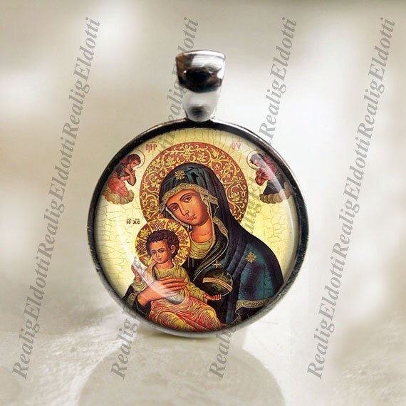 Greek Orthodox Virgin Mary Icon Christian Silvertone Medal Pendant Jewelry