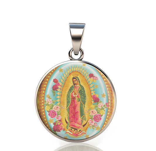 Our Lady Guadalupe 925 Sterling Silver Round Pendant Christian Religious  Medal Small 20mm