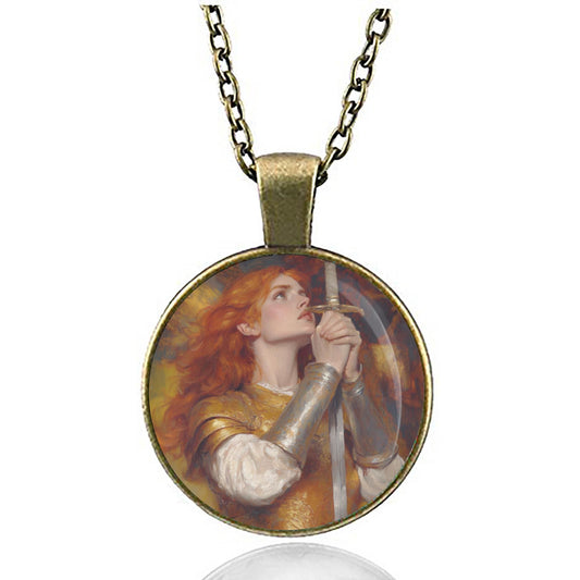 St. Joan of Arc with Sword Religious Necklace Round Medal Silver Tone Pendant Chain