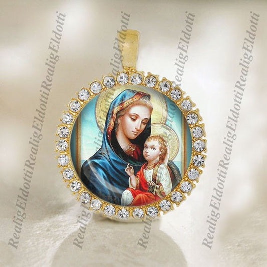 Our Blessed Mother Virgin Mary and Baby Jesus Christian Catholic Gold Tone Medal Pendant Jewelry