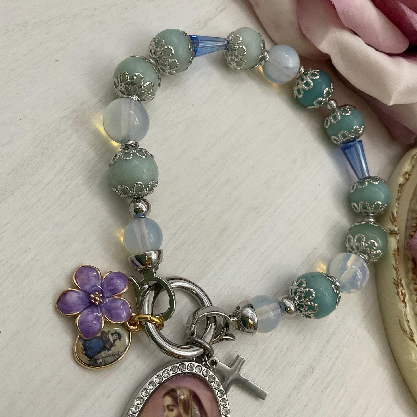 Our Lady of Mental Peace Catholic Blue Bracelet | Holy Infant of Atocha Jesus, Mary Aquamarine and Opalite Beads | Handmade Healing Jewelry