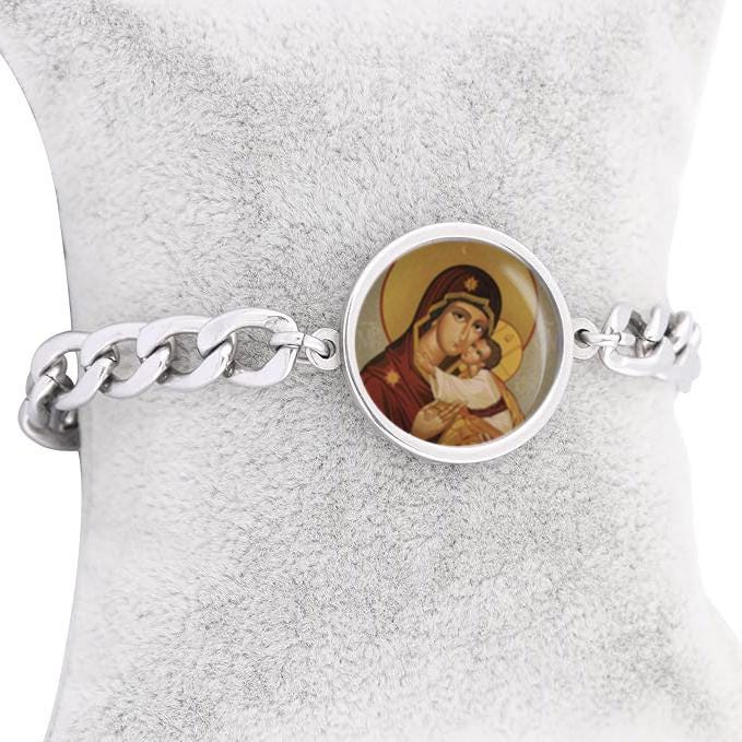 Our Lady Theotokos Mother Of God Orthodox Icon Curb Bracelet Gold or Silver tone Religious Jewelry Simple Chain
