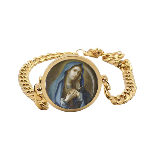 Our Lady Dolorosa Sorrows Curb Bracelet Gold or Silver tone Religious Jewelry Simple Chain