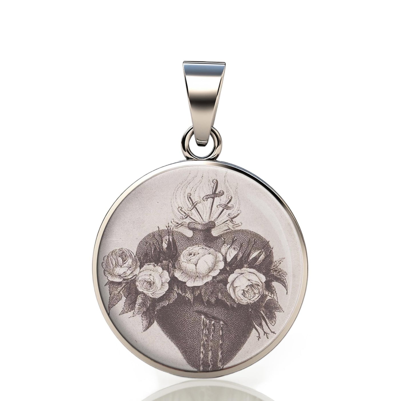 Our Lady Immaculate Seven Sorrows 925 Sterling Silver Round Pendant Christian Religious Medal Small 20mm