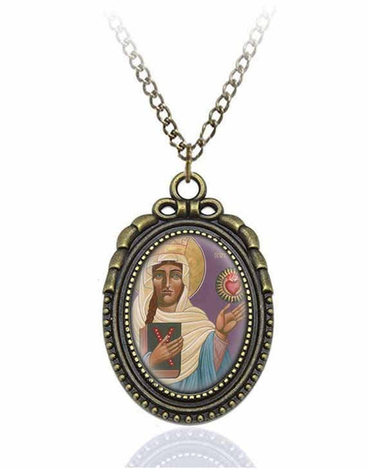 St Margaret of Scotland Catholic Necklace Bronze Medal w Chain Oval Pendant Saint