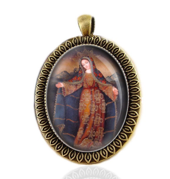 Holy Mother of God Virgin Mary Catholic Medal, Religious Jewelry Pendant  Bronze