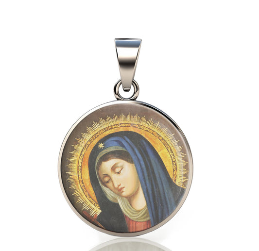 Our Lady Sorrows 925 Sterling Silver Round Pendant Christian Religious Medal Small 20mm
