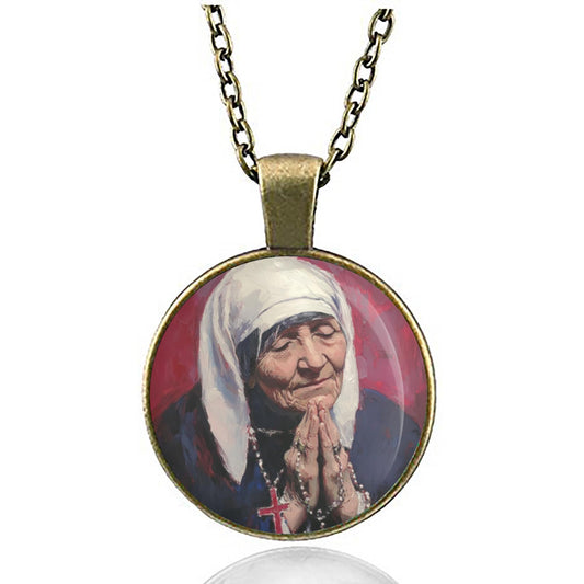 Blessed Mother Teresa Necklace Medal | Oil Painted Style Patron Pendant Religious Christian Jewelry