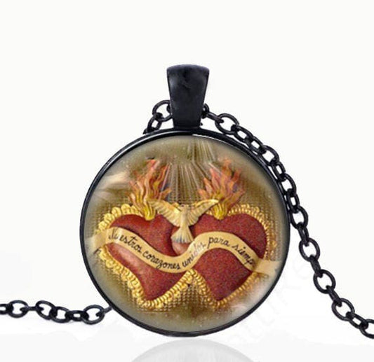 Sacred and Immaculate HEARTS Catholic Necklace. Black Pendant. Mary and Jesus Hearts CATHOLIC Christian Medal.