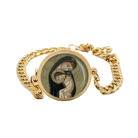 Our Lady Mary And Baby Jesus Curb Bracelet Gold or Silver tone Religious Jewelry Simple Chain