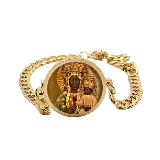 Black Madonna of Czestochowa Curb Bracelet Gold or Silver tone Religious Jewelry Simple Chain