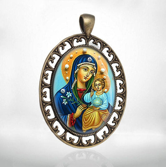 Our Lady Fadeless Blossom Mother Mary and Jesus Baby Theotokos Medal Orthodox Icon Pendant Bronze Jewelry