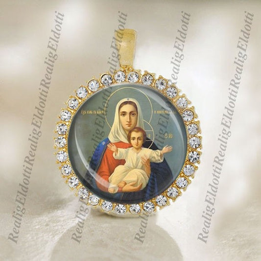 Our Blessed Virgin Mary, Mother of God with Baby - Christian Orthodox Icon Gold Medal Pendant / Charm with Rhinestones