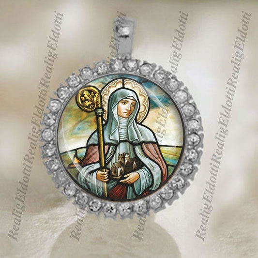 St. Brigid of Kildare Catholic Christian Silver Tone Medal Pendant Patron Saint Religious Jewelry