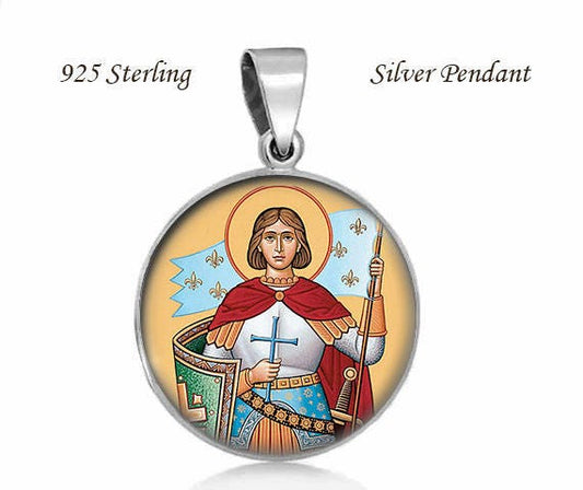 Saint Joan of Arc Religious Christian 925 Sterling Silver Medal Round 20mm Pendant