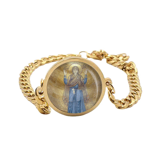 Our Lady Oranta Kyiv Curb Bracelet Gold or Silver tone Religious Jewelry Simple Chain