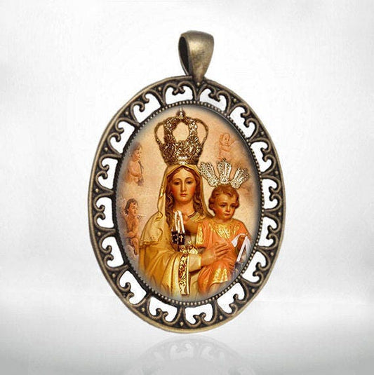 Our Lady of Mount Carmel Medal Bronze Virgin Mary Pendant Oval