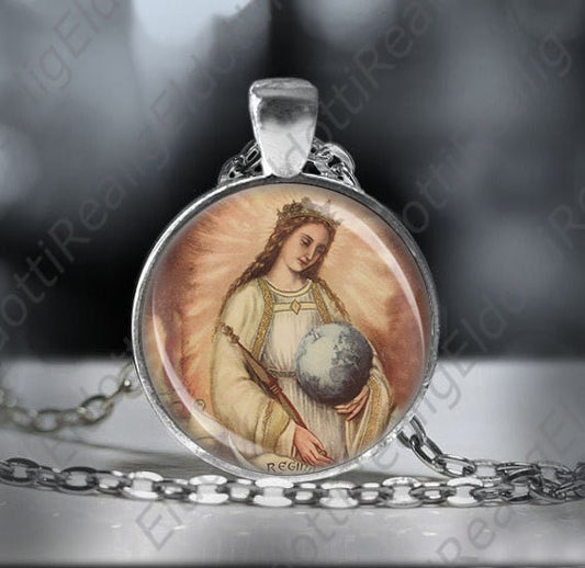 Our Lady Queen Mary Regina Holding World Globe Christian Catholic Necklace Silvertone Chain