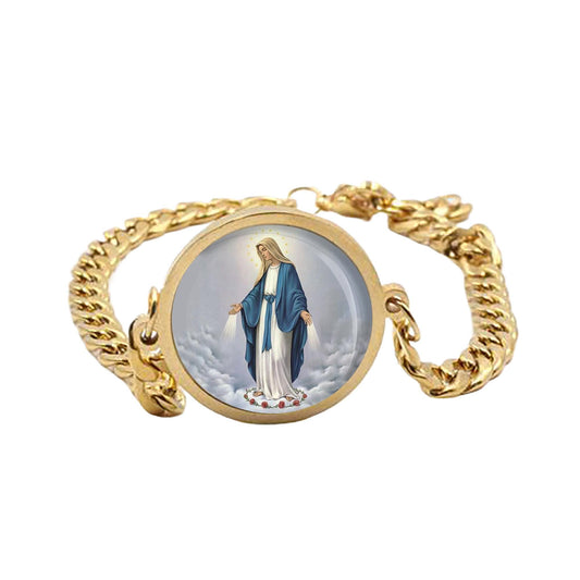 Our Lady Grace Curb Bracelet Gold or Silver tone Religious Jewelry Simple Chain