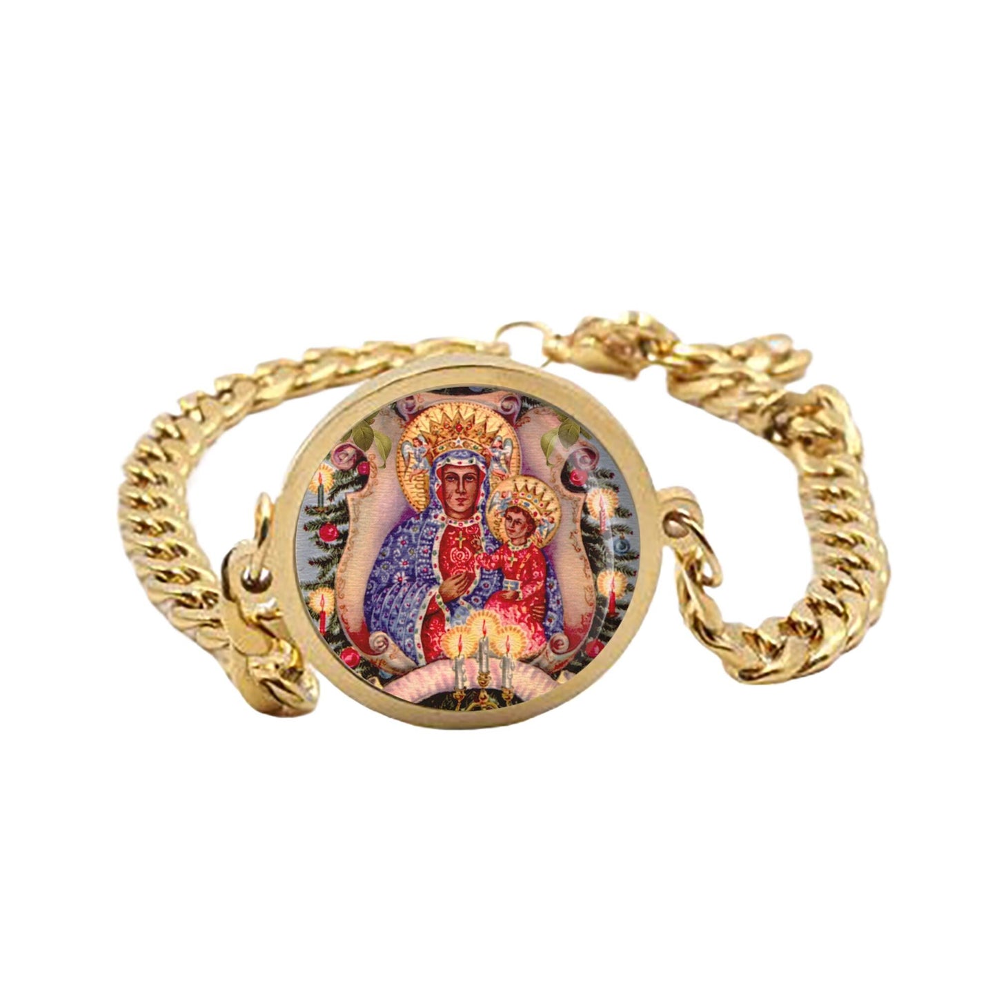 Our Lady Czestochowa Black Madonna Curb Bracelet Gold or Silver tone Religious Jewelry Simple Chain