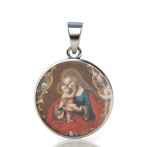 Our Lady Virgin Mary 925 Sterling Silver Round Pendant Christian Religious Medal Small 20mm