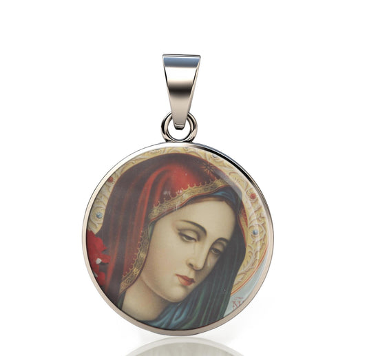 Our Lady Tears Sorrowful Mary 925 Sterling Silver Round Pendant Christian Religious Medal Small 20mm