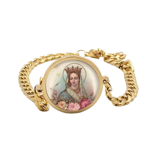 Our Lady Queen Of The Most Holy Rosary Mary Curb Bracelet Gold or Silver tone Religious Jewelry Simple Chain
