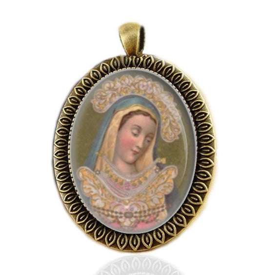 Our Lady of the Bowed Head Virgin Mary Catholic Medal Pendant Oval Large Religious Jewelry