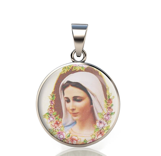 Our Lady Medjugorje Catholic Mary 925 Sterling Silver Round I Pendant Christian Religious Medal Small 20mm