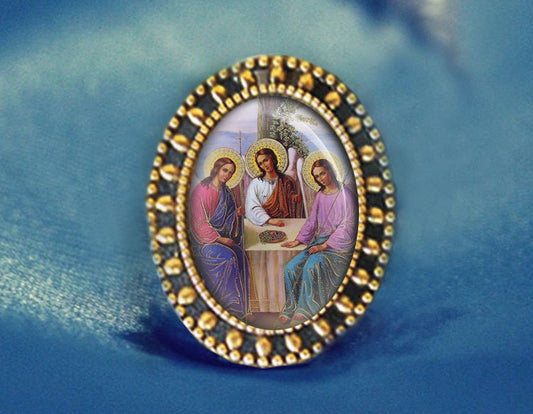 Holy Trinity Icon by Rublev Brooch Orthodox Broach. Gold Tone Religious Pin