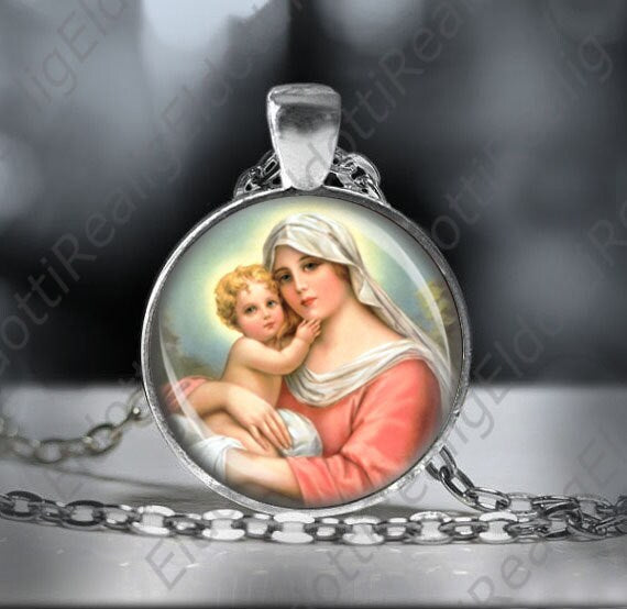 Mother Virgin Mary and Baby Catholic Necklace Christian Madonna Medal Pendant Religious Jewelry