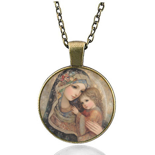 St Anne and Child Mary Catholic Necklace - Saint Ann Patron Pendant Medal.