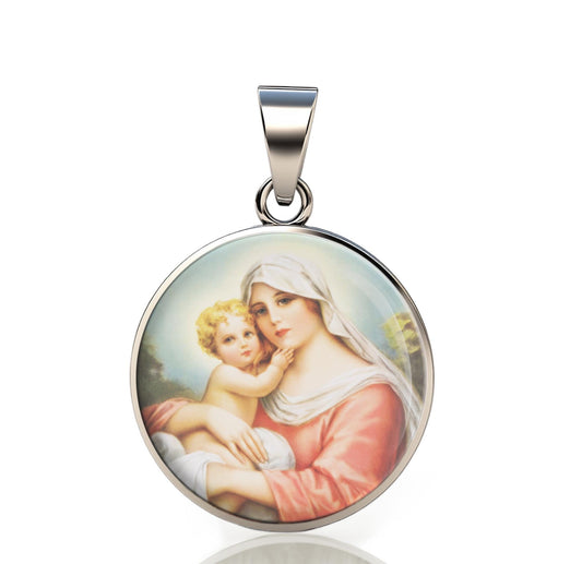 Our Lady Mary 925 Sterling Silver Round  VIIPendant Christian Religious Medal Small 20mm