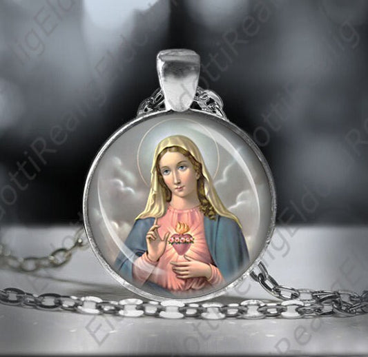 Immaculate Heart Mary Catholic Necklace Medal Religious Jewelry Pendant Chain Silver Tone