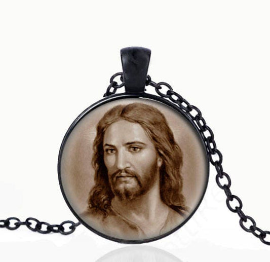 Jesus Christ Catholic Necklace. Black Pendant. Catholic Christian Pendant.
