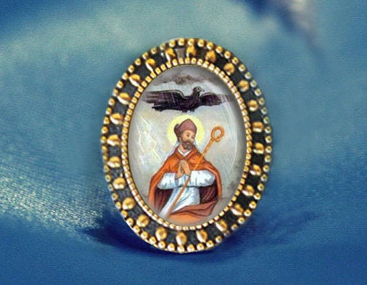 St. Medardus Religious Pin Saint Medrad Catholic Brooch Antique Gold Oval