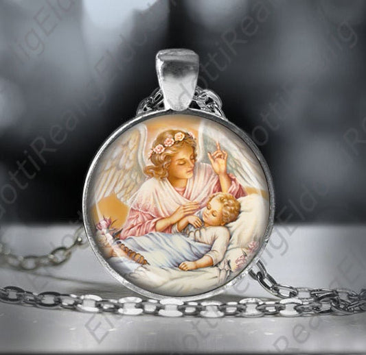 Guardian Angel Catholic Necklace. Child Protection Pendant. Catholic Christian Medal. Religious Pendant w Chain