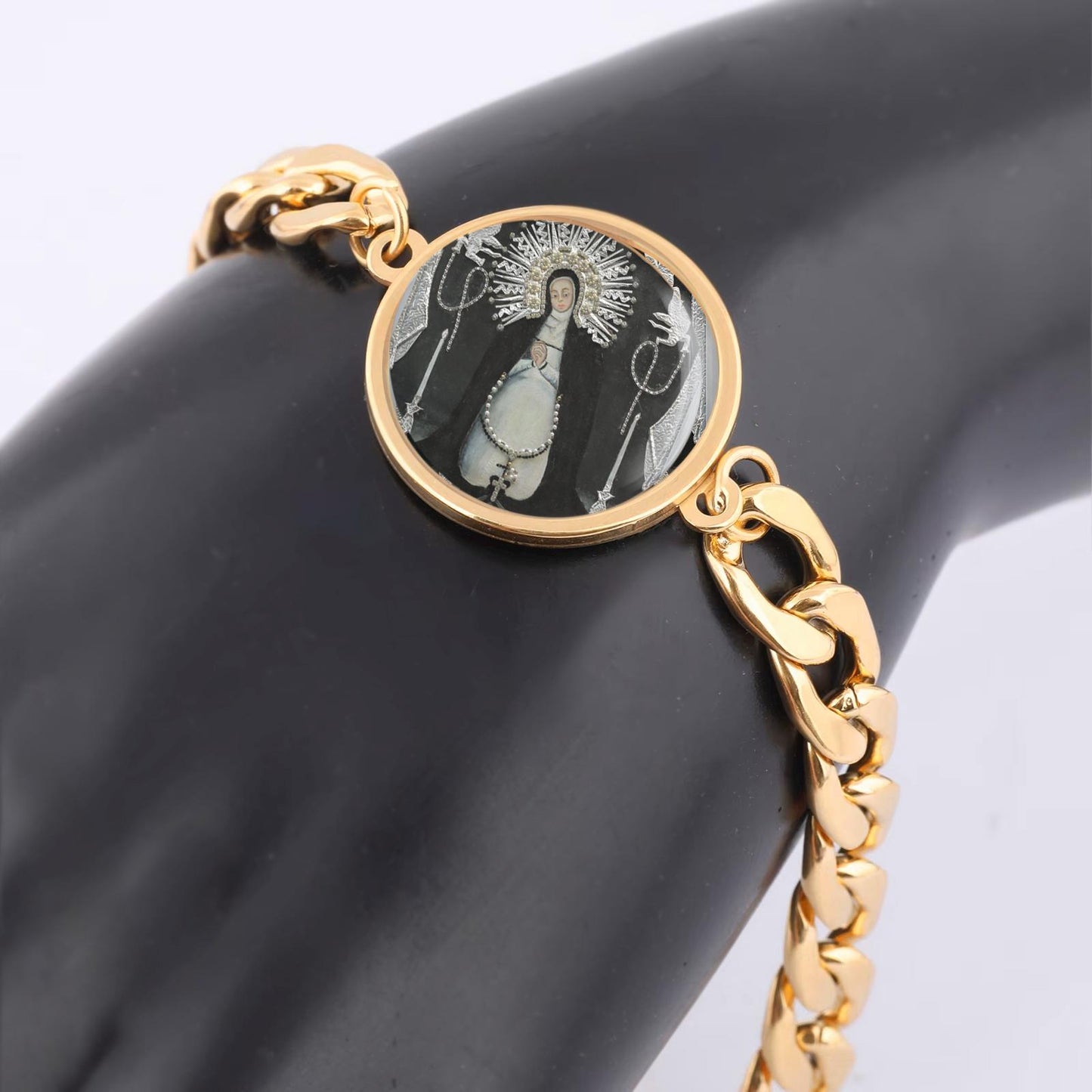 Our Lady Porta Vaga Soledad Mary Curb Bracelet Gold or Silver tone Religious Jewelry Simple Chain