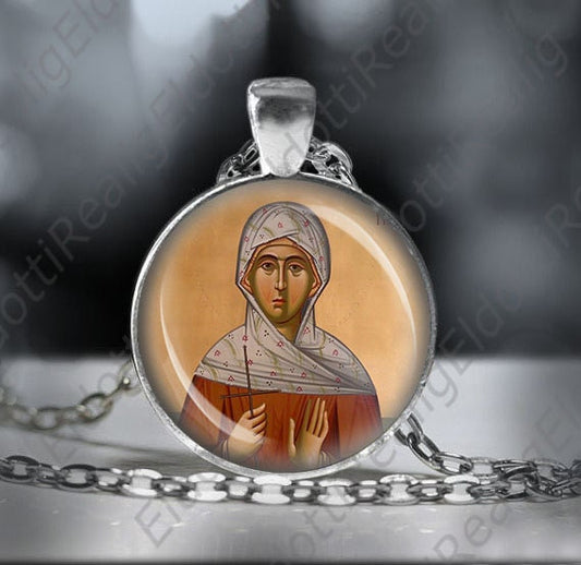 St. Ypomoni Helen Dragash Necklace. Silver Tone Medal 1 inches Round St Patience the Righteous Pendant w Chain.