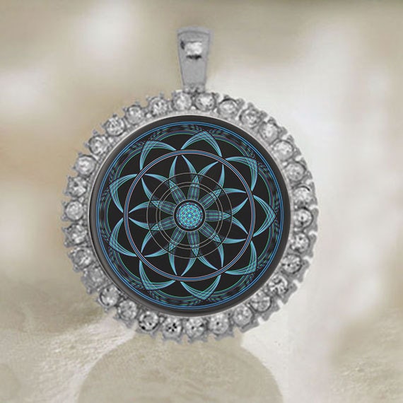 Mandala Sacred Geometry Medal. Black and White / Blue Flower of Life Pendant