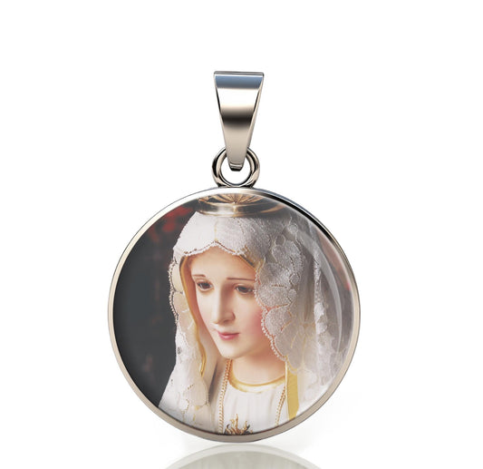 Our Lady Fatima Nossa Senhora 925 Sterling Silver Round Pendant Christian Religious Medal Small 20mm
