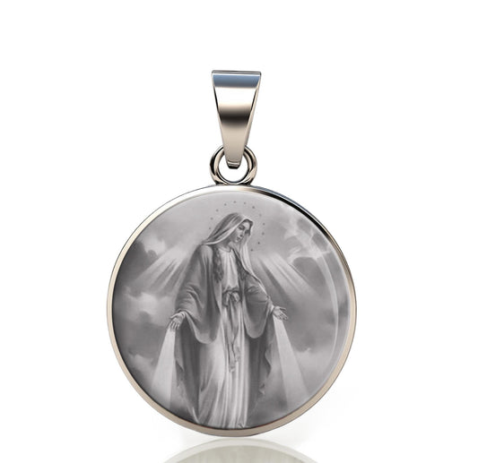 Our Lady Miraculous Black And White 925 Sterling Silver Round Pendant Christian Religious Medal Small 20mm