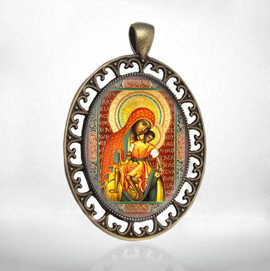 Black Madonna and Baby Religious Orthodox Christian Icon Medal Pendant Jewelry